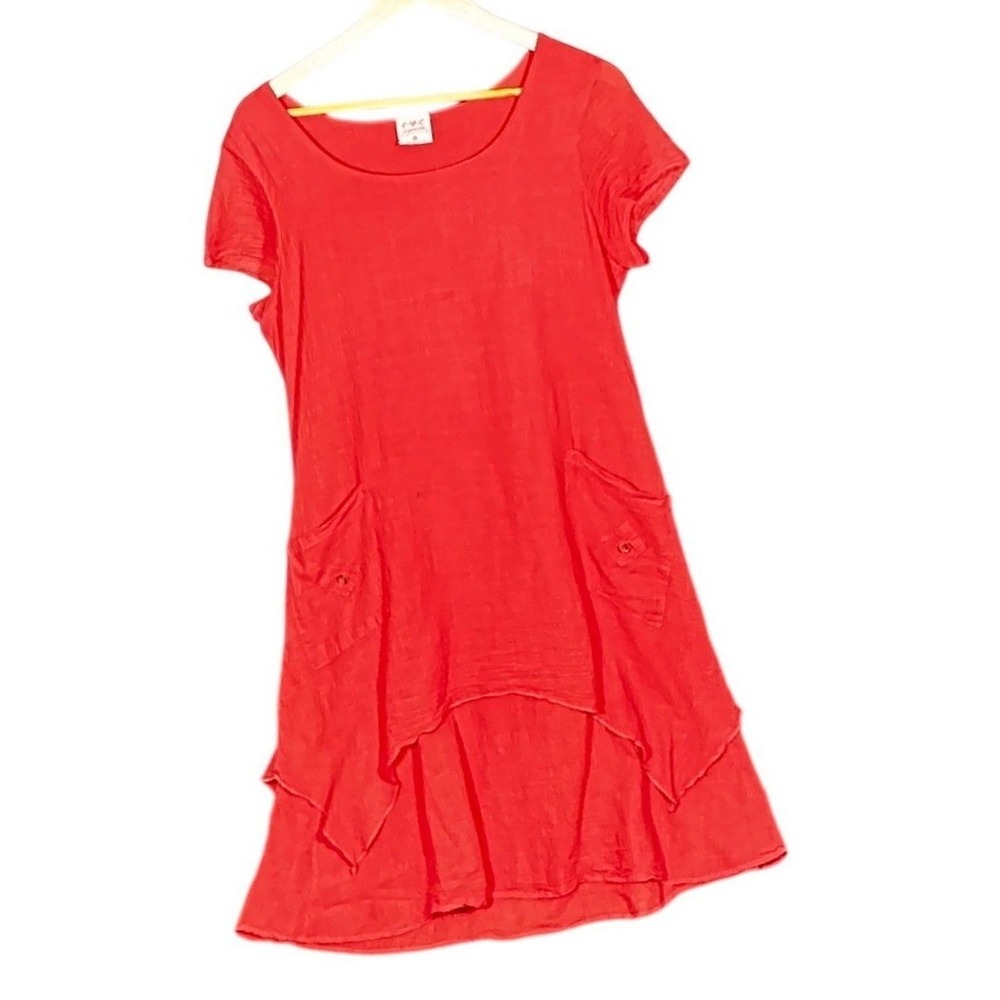 CMC‎ Color Me Cotton Tunic Dress Women Medium Red Lagenlook Layered Hem USA
